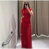 Elegant Mesh Patchwork Pleated Long Skirt Dress for Women Slim Evening Party Maxi Dress